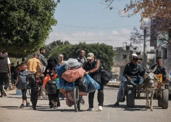 Um grupo de palestinos deslocados espera pela distribuição de água de MSF na área de Tal Al-Sultan, na cidade de Rafah, sul de Gaza. Janeiro de 2024. © MSF