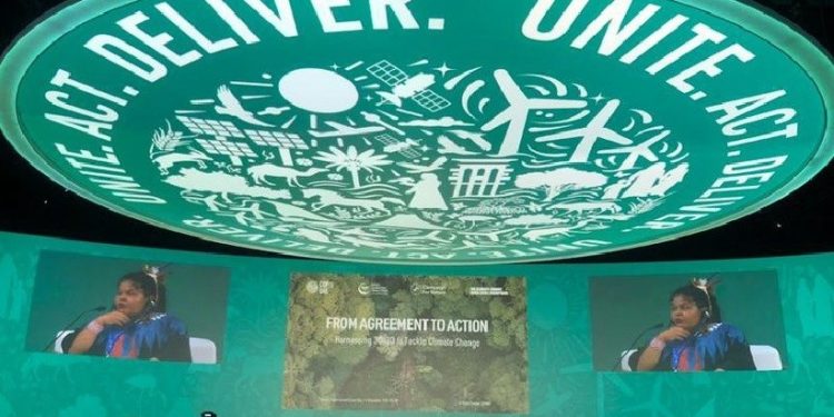 A ministra Sônia Guajajara (Povos Indígenas) durante painel da COP em Dubai: compromisso com a biodiversidade. Foto: Estevam / Audiovisual / PR A ministra Sônia Guajajara (Povos Indígenas) durante painel da COP em Dubai: compromisso com a biodiversidade. Foto: Estevam / Audiovisual / PR