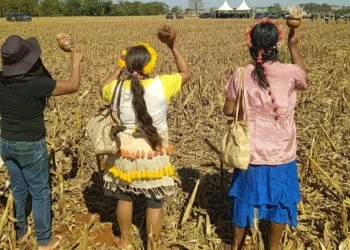 Anciãs Guarani Kaiowá rezam na direção dos capangas armados que ameaçam a comunidade nas retomadas da região de Douradina. Foto: Comunicação da Aty Guasu