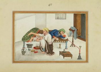 Em uma umagem do livro de James Skinner sobre a vida na ìndia, um cirurgião trabalha na perna de um paciente enquanto ele toma ópio - foto: Biblioteca do congresso dos Estados Unidos