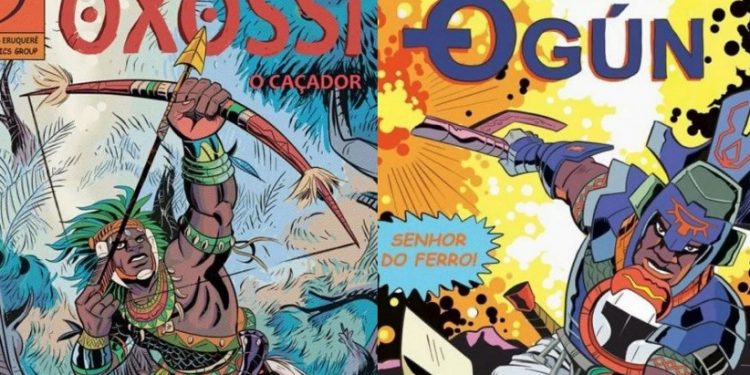 Orixás guerreiros como Ògún, o senhor do ferro, e Oxóssi, o caçador, são retratados nas HQs de Hugo Canuto — Foto: Hugo Canuto/Reprodução