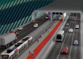 O presidente Lula e o governador de São Paulo, Tarcísio de Freitas, no anúncio da obra do túnel entre Santos e Guarujá. Foto: Divulgação