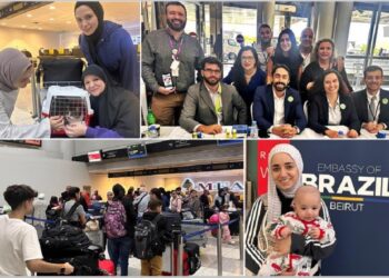 Alguns dos passageiros que embarcaram no voo de repatriação e a equipe da Embaixada do Brasil no Líbano no Aeroporto de Beirute. Fotos: MRE / Divulgação