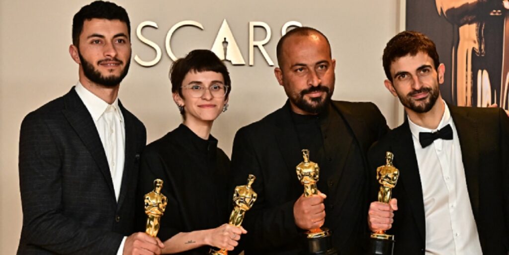 Basel Adra, Rachel Szor, Hamdan Ballal e Yuval Abraham no tapete vermelho do Oscar - Foto: Reprodução