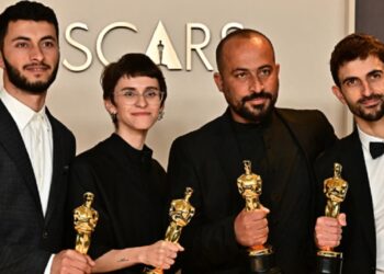 Basel Adra, Rachel Szor, Hamdan Ballal e Yuval Abraham no tapete vermelho do Oscar - Foto: Reprodução