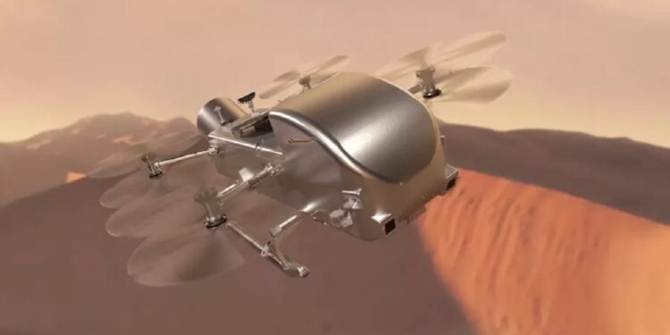 Ilustração representa como será o Dragonfly. - Imagem: Nasa Ilustração representa como será o Dragonfly. - Imagem: Nasa