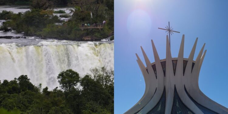 À esq. Cataratas do Iguaçu/Jonathan Campos (AEN)/À dir. Catedral de Brasília/José Cruz/Agência Brasil. Foto: Motiva. À esq. Cataratas do Iguaçu/Jonathan Campos (AEN)/À dir. Catedral de Brasília/José Cruz/Agência Brasil. Foto: Motiva.