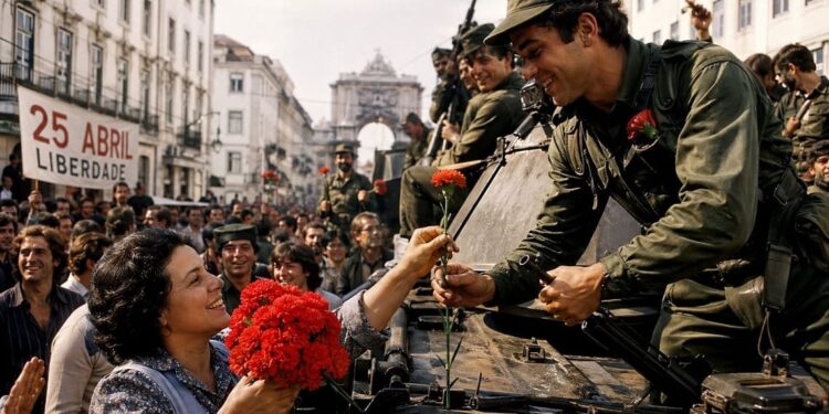 Cravos nos fuzis simbolizaram a união entre povo e militares na queda da ditadura. Foto: Reprodução/Internet. Cravos nos fuzis simbolizaram a união entre povo e militares na queda da ditadura. Foto: Reprodução/Internet.